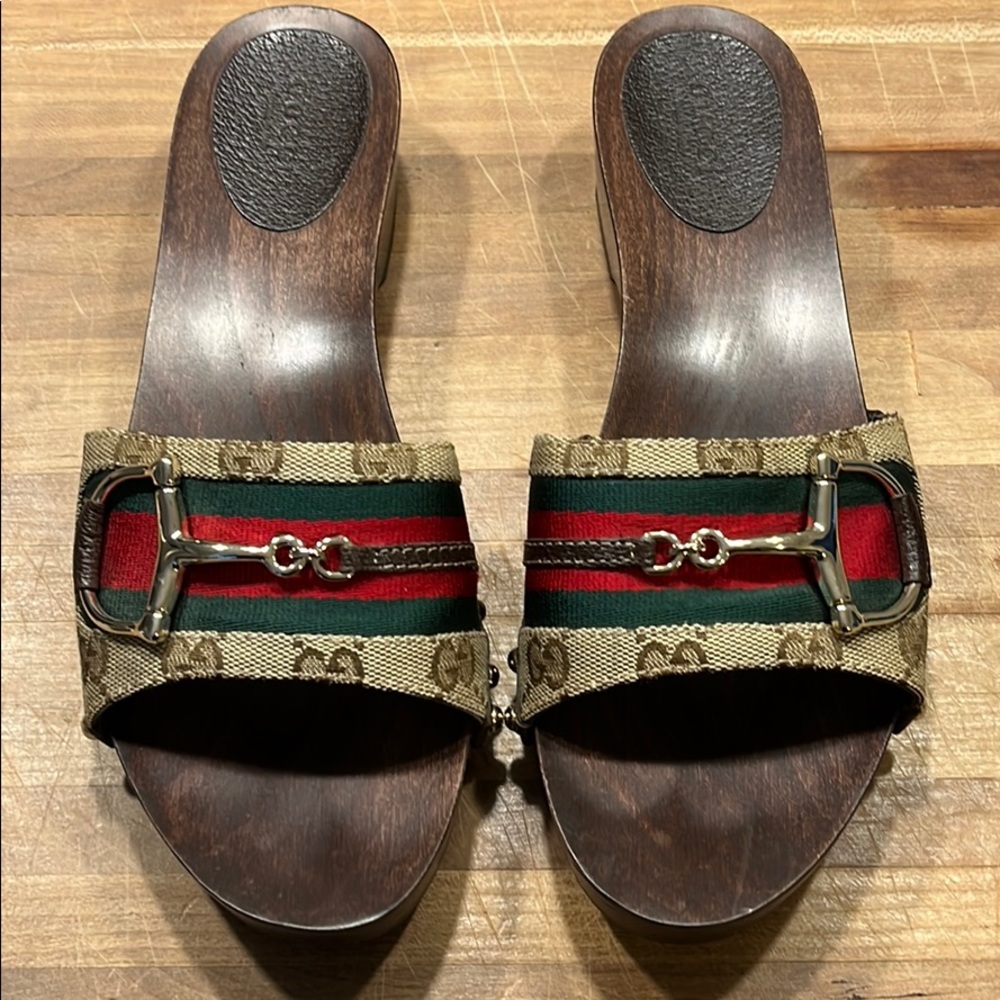 Gucci Clog Red &Green Signature Horse Bit Brown